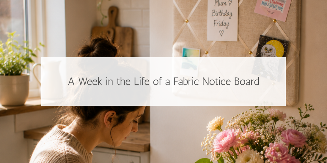 Handmade ivory fabric notice board helping organise everyday life, with handwritten reminders in a bright kitchen while a woman writes a birthday card nearby.