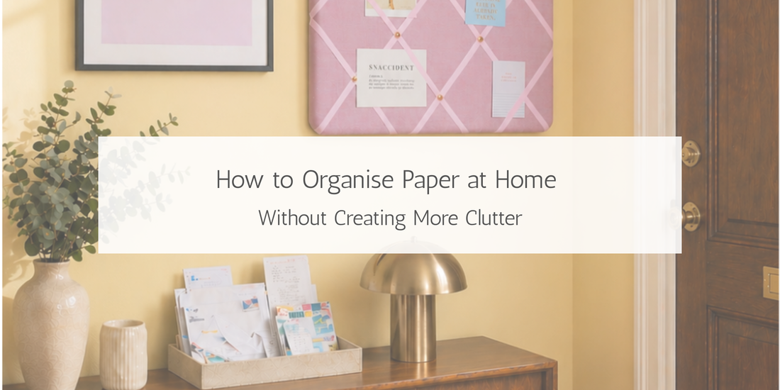 Hallway console with neatly organised letters in a tray and a notice board above, illustrating a calm and simple way to organise paper at home without creating clutter
