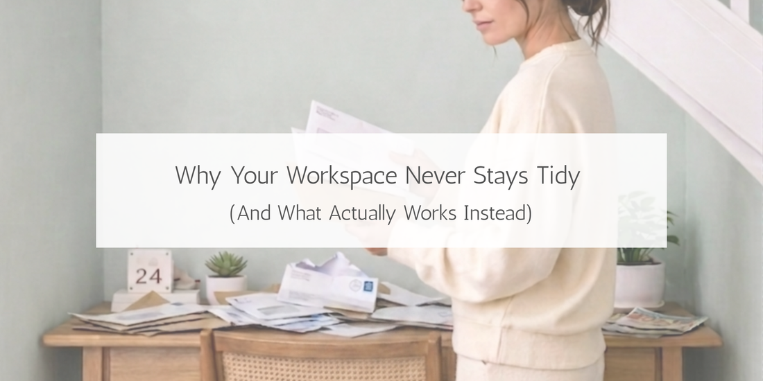 Workspace clutter with scattered papers on a desk under stairs, showing why a workspace never stays tidy and how to fix it
