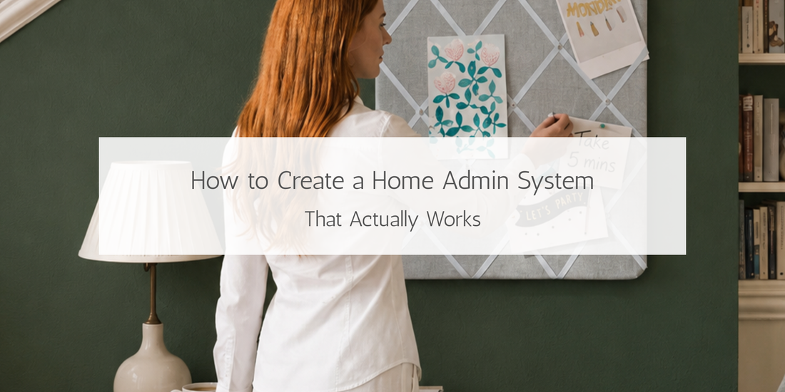 Woman creating a simple home admin system using a fabric notice board in a calm, organised hallway beneath a staircase.
