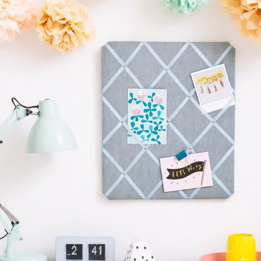 Duck Egg Blue fabric notice board with ribbon detail
