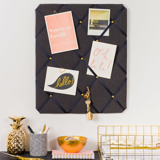 Charcoal fabric notice board with ribbon detail
