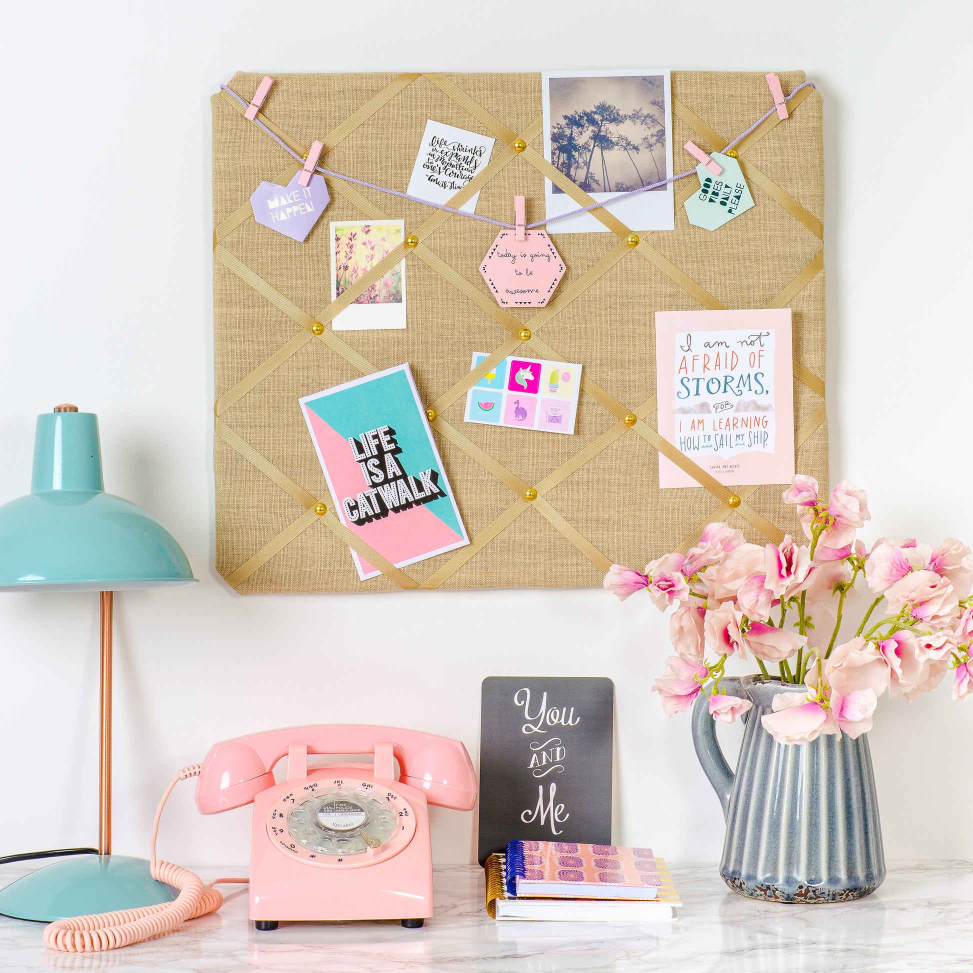 Tobacco Gold fabric notice board with ribbon detail
