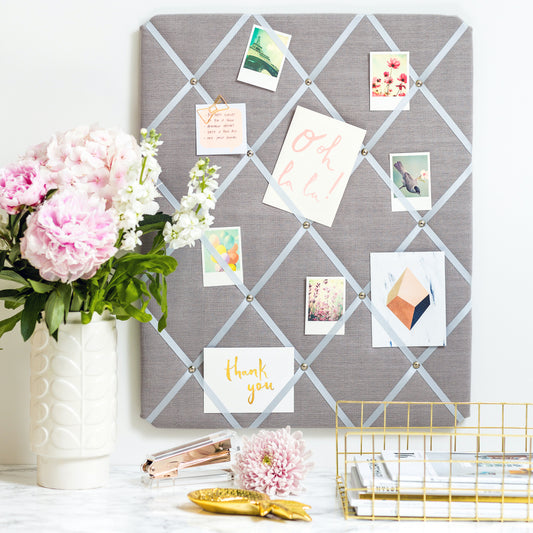 Scandi Grey fabric notice board with ribbon detail
